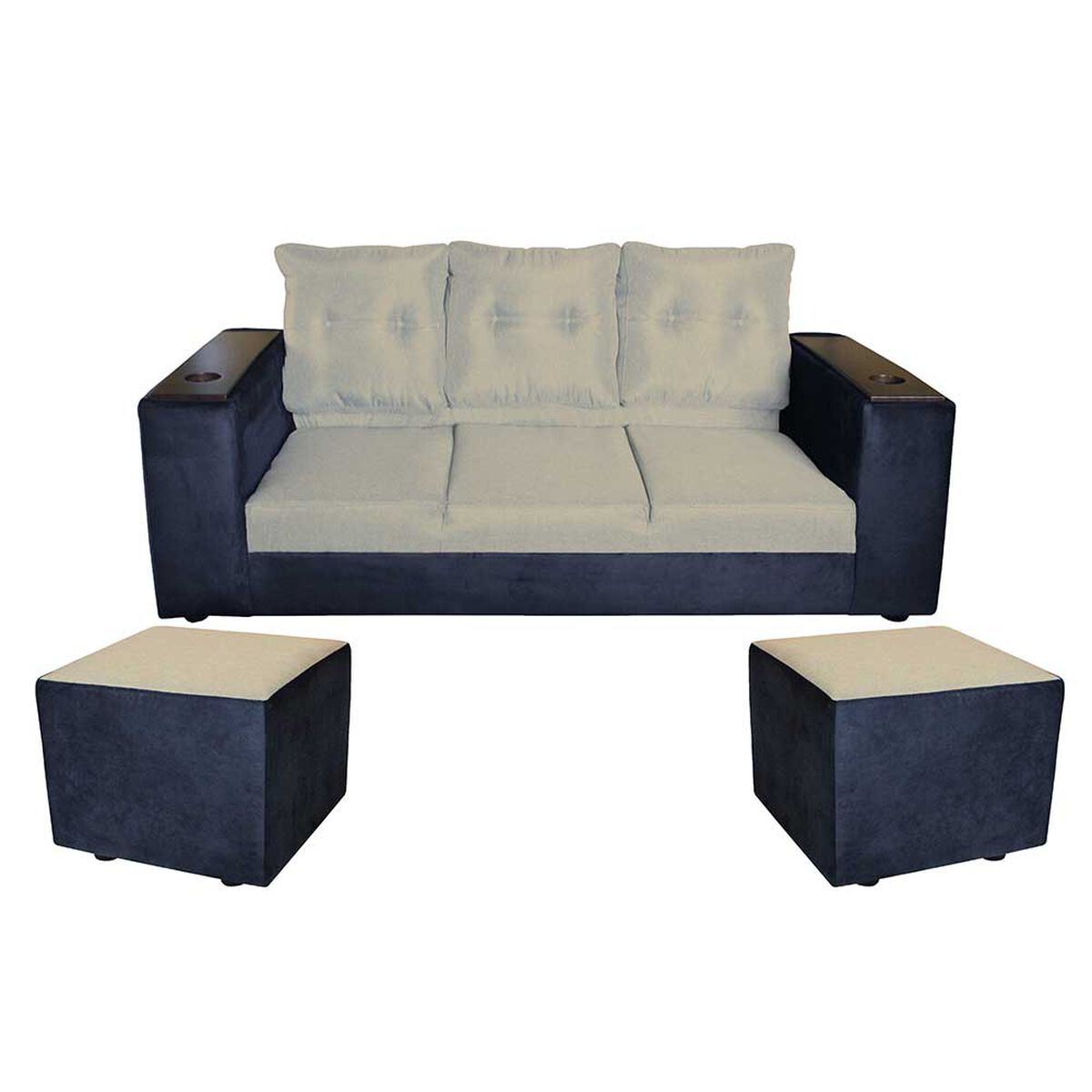 Sof&aacute; Muebles MYM Julietta 3 Cuerpos + Dos Pouf 1 Cuerpo Negro Beige