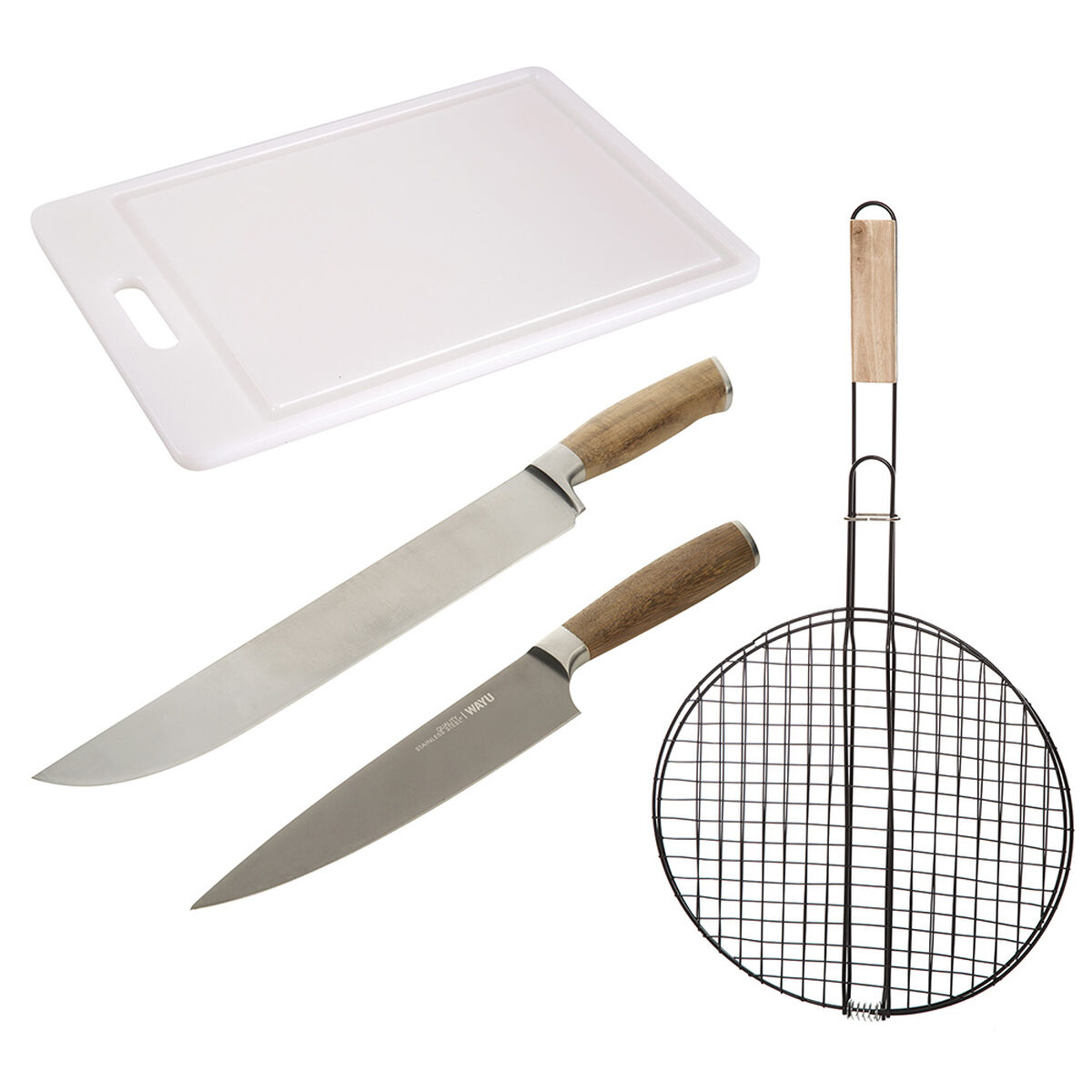 Set Parrillero Wayu Tabla + Cuchillo + Cuchillo Chef + Rejilla Redonda