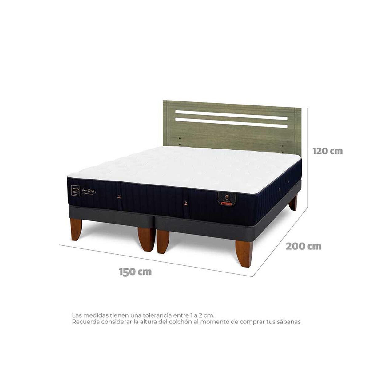 Cama Europea CIC Base Dividida 2 Plazas Premium + Respaldo Munich Olivo