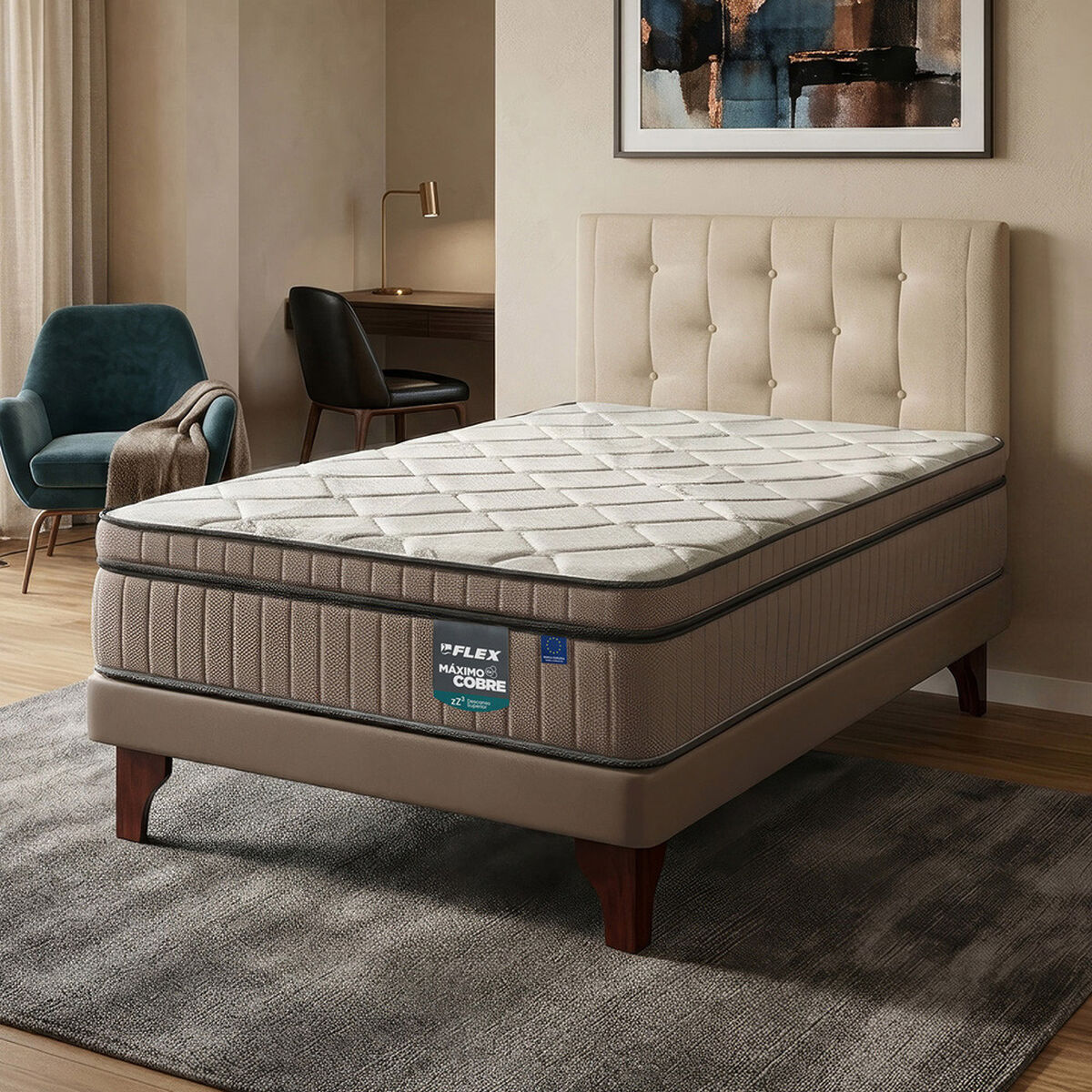 Cama Europea Arena Maximo Cobre 1.5 Pl + Respaldo Almendra