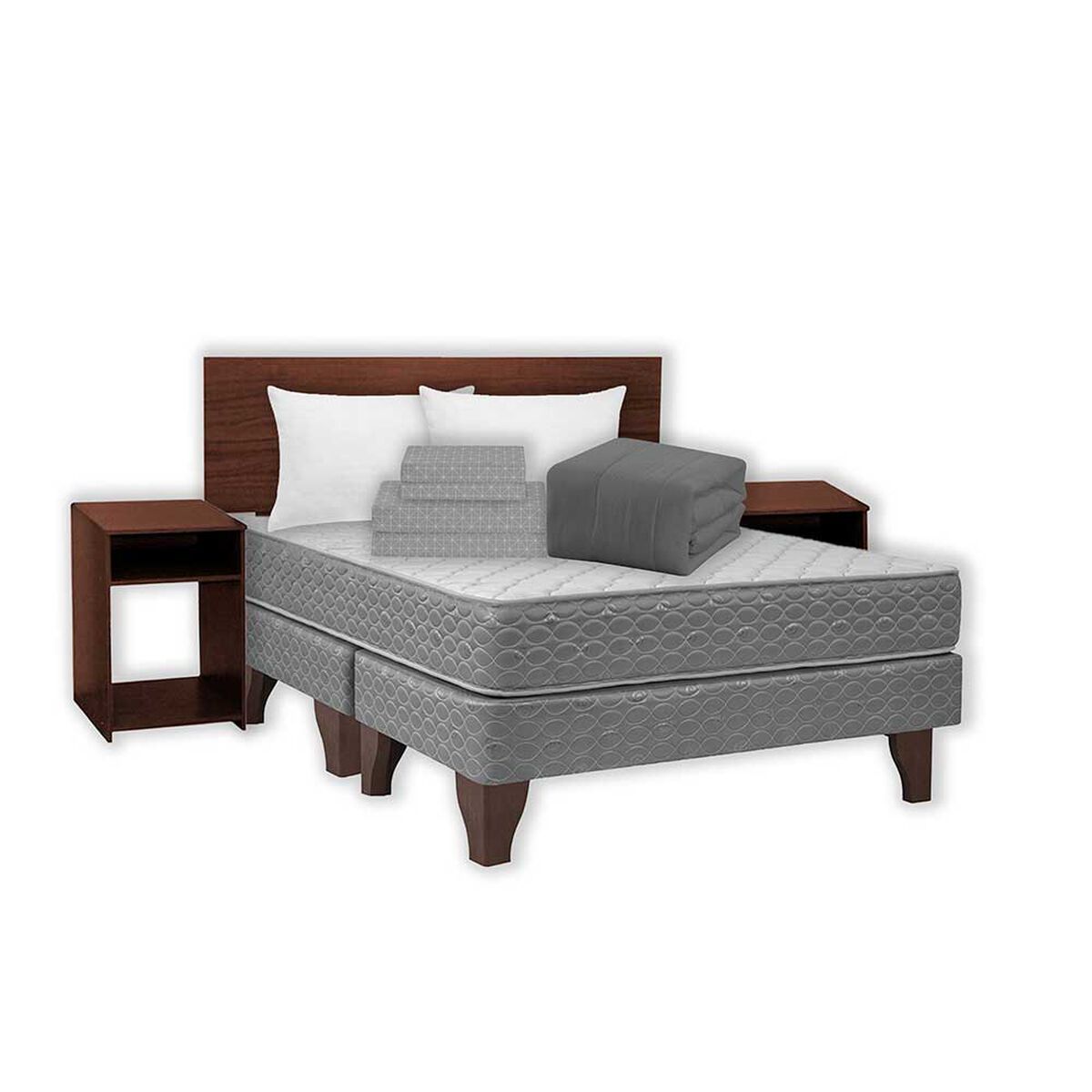 Combo Cama Europea Celta Base Dividida 2 Plazas New Atlantis + Respaldo + 2 Veladores Casanova + Set Textiles + Pack 2 Almohadas Celta