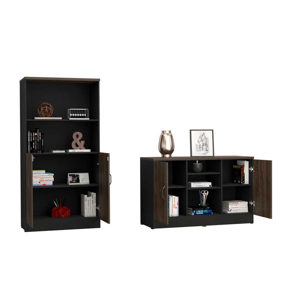 Combo Gabinete 2 Puertas + Biblioteca 2 Puertas TuHome Home Office Negro Soft-Co&ntilde;ac
