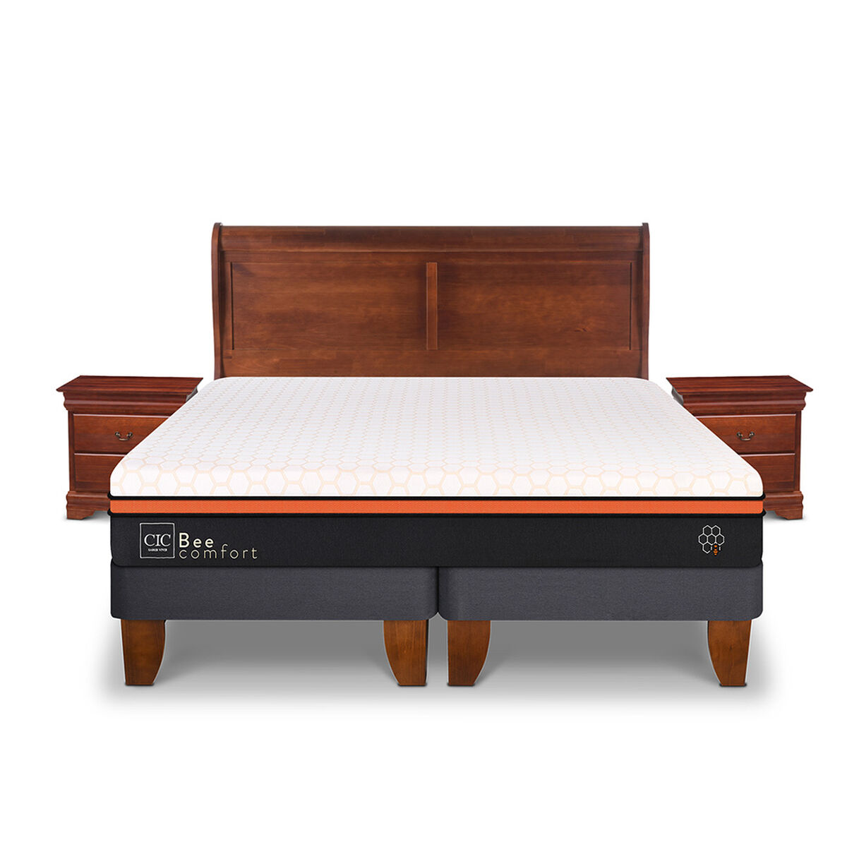 Cama Europea CIC Base Dividida 2 Plazas Bee Comfort + Respaldo + 2 Veladores