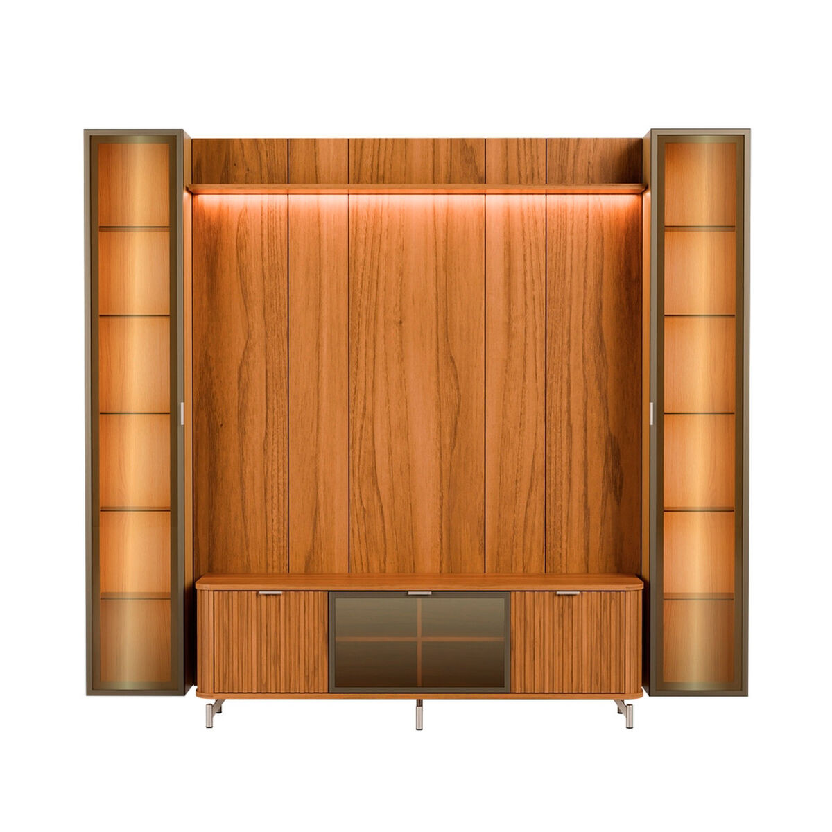Rack TV 70" + Panel Neon Float Led + 2 Vitrinas Decocasa Canela