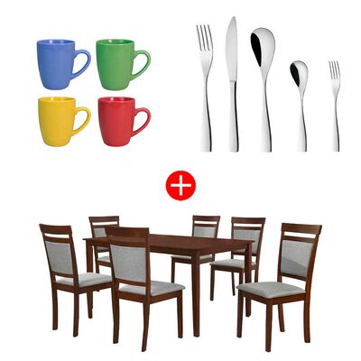 Combo Juego de Comedor Casanova Milan 6 Sillas Café + Juego de Cubiertos Zibel K-3650 30 Piezas + Set 4 Mugs Casanova MG-0518 Colores