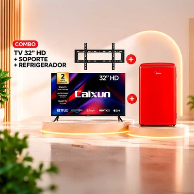 Combo Smart TV LED 32" Caixun HD Roku C32V1HR + Soporte TV Fijo Kioto KT-TF86 Negro + Frigobar Midea MDRD142FGE13S 93 L