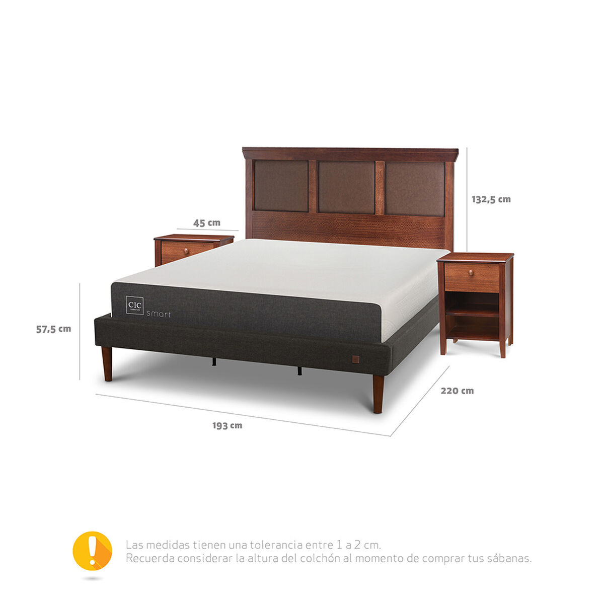 Cama Europea CIC King Smart + Respaldo New Torino Caramelo + 2 Veladores