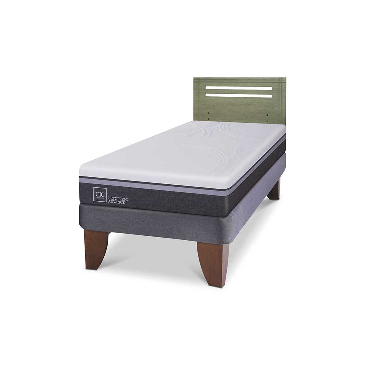 Cama Europea CIC 1,5 Plazas Ortopedic Advance + Respaldo Munich Olivo