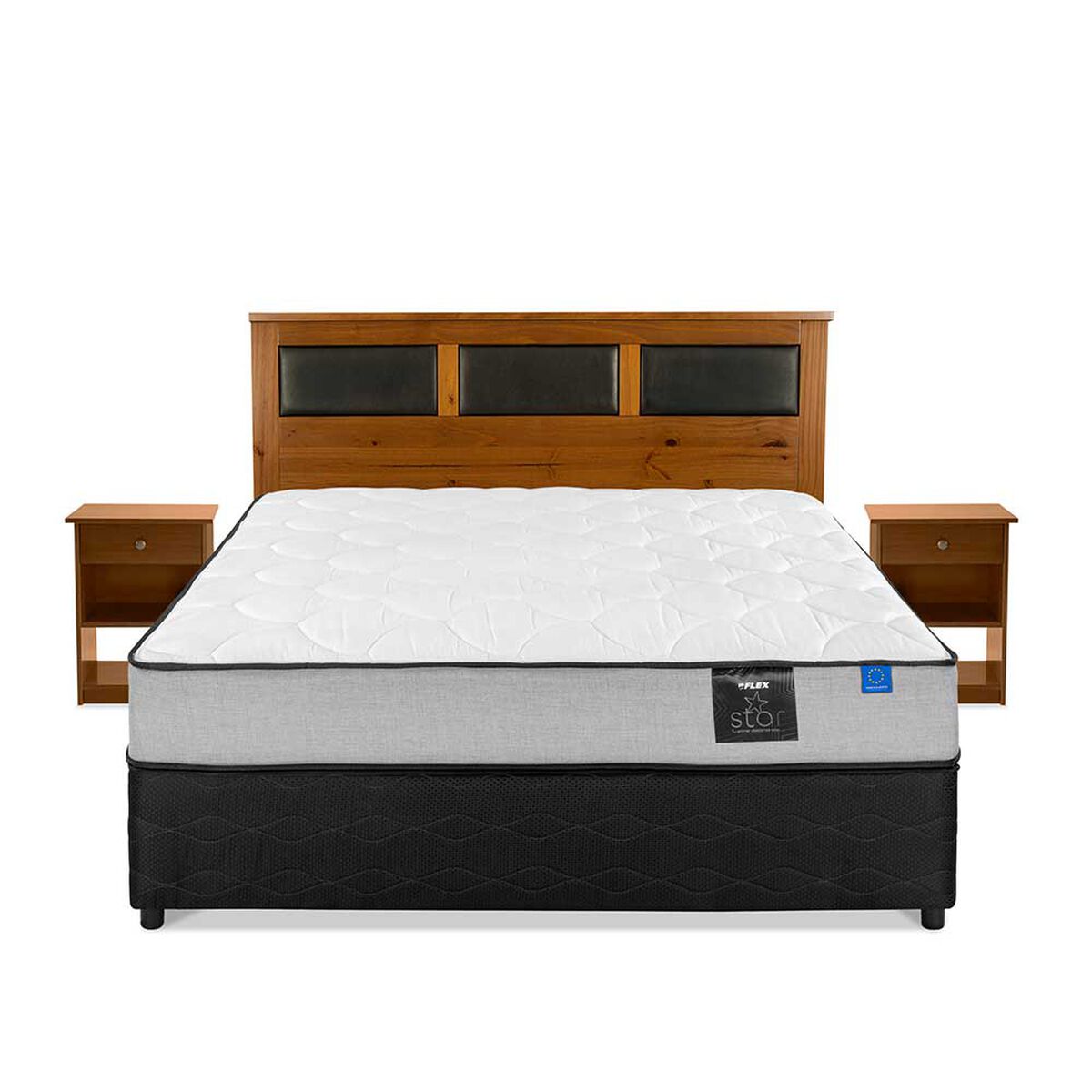Cama Americana Flex Base Dividida 2 Plazas Star + Respaldo + 2 Veladores Toscana