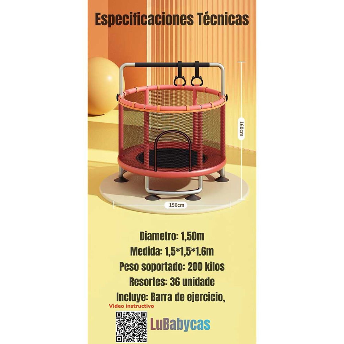 Cama Elástica Lubabycas Fly 150 cm con Barra Ejercicio