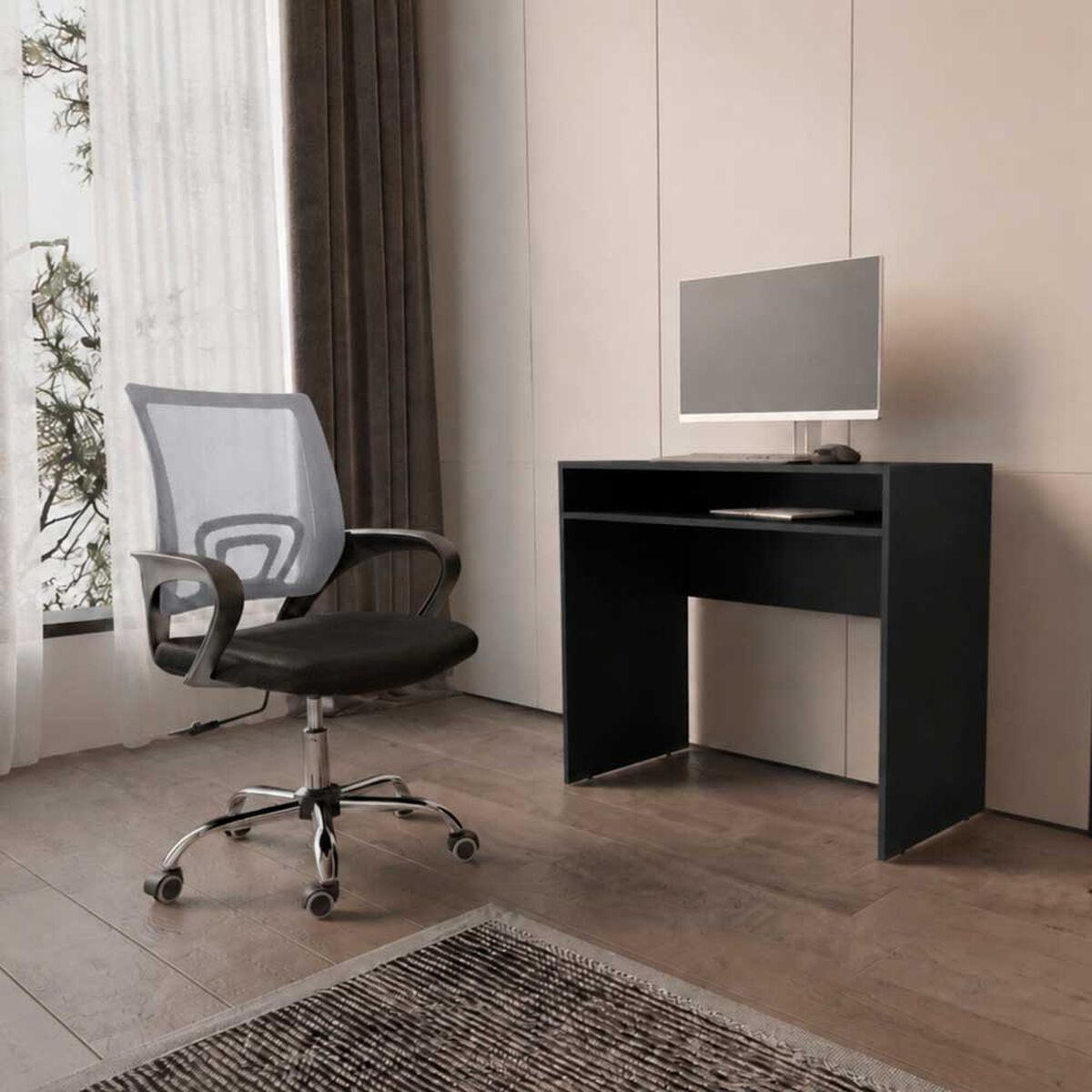 Combo Oficina Escritorio Wengue + Silla New York Negra y Gris Arthome
