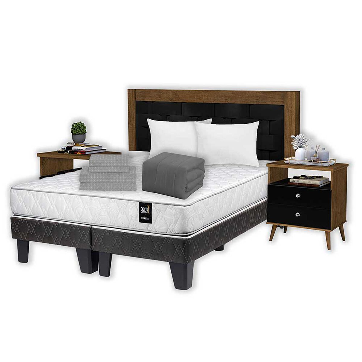 Combo Cama Europea Rosen Base Dividida 2 Plazas Ergo-T + Respaldo + 2 Veladores + Set Textiles + Pack 2 Almohadas