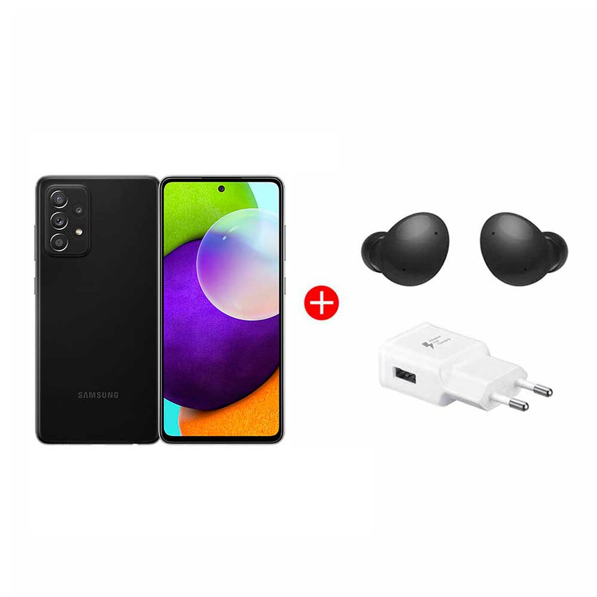 Combo Celular Samsung Galaxy A52 LTE 128GB 6,5" Awesome Black Liberado + Audífonos Bluetooth Galaxy Buds2 Graphite + Cargador 15W USB Flat TA Fast Charge