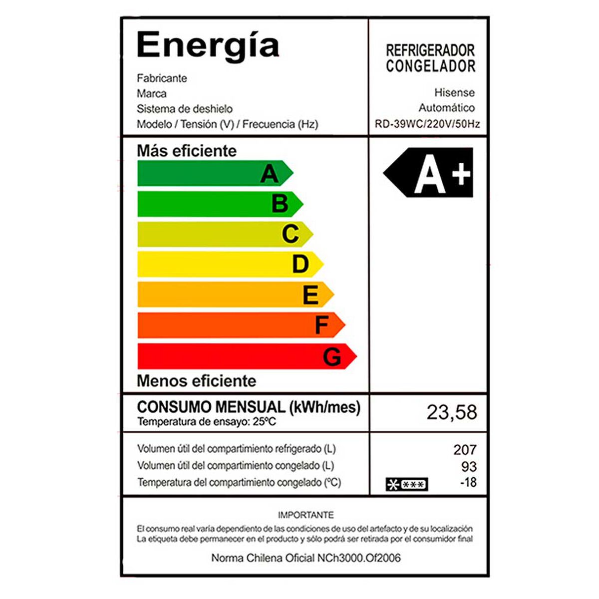 Refrigerador No Frost Hisense RD-39WC 300 lts.