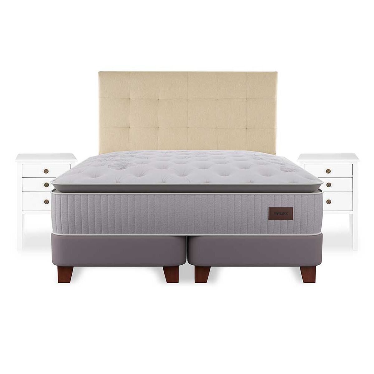 Cama Europea Flex King  Heritage + Respaldo Design Crudo + Veladores Roma