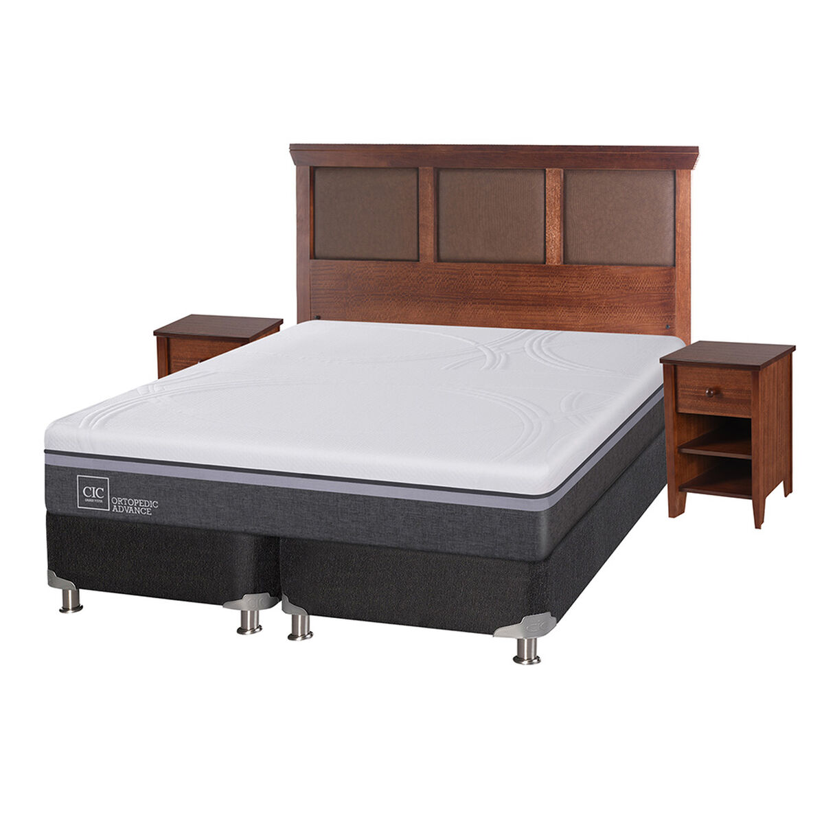 Box Spring CIC Base Dividida 2 Plazas Ortopedic Advance + Respaldo + 2 Veladores New Torino