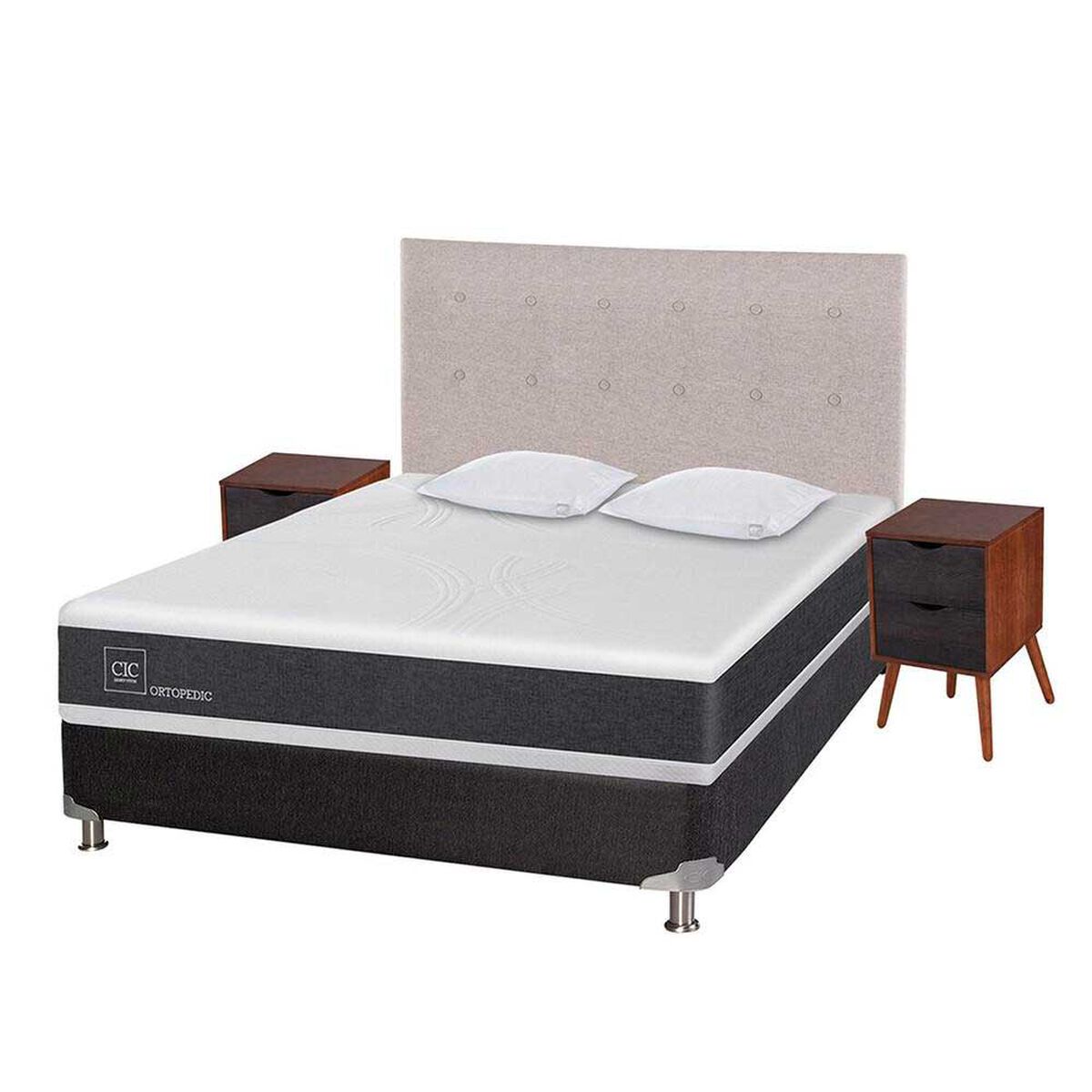 Box Spring CIC 2 Plazas New Ortopedic + Respaldo + 2 Veladores Tigris + Almohada