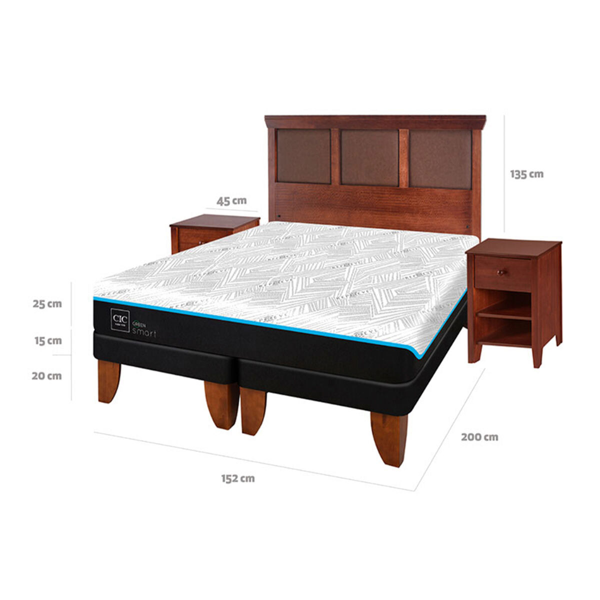 Cama Europea CIC Green Infinity 2 Plazas + 1 Respaldo + 2 Veladores Torino Caramel