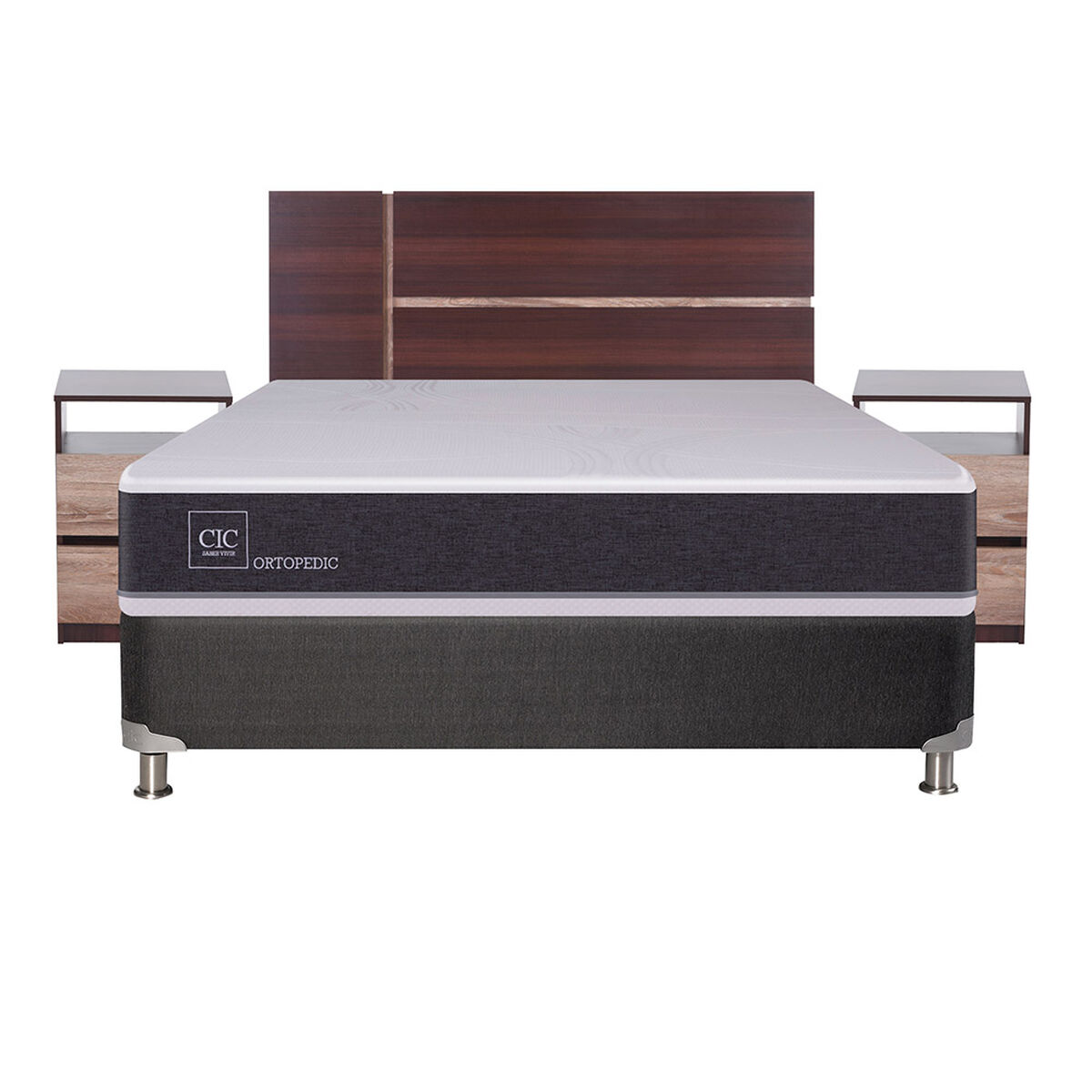 Box Spring CIC 2 Plazas Ortopedic + Respaldo + 2 Veladores