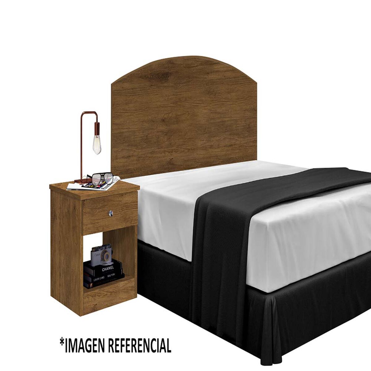 Combo Celta Cama Europea 1,5 Plazas Atlantis Black 190 x 105 cm + Respaldo + Velador Casanova 1,5 Plazas Jequitiba