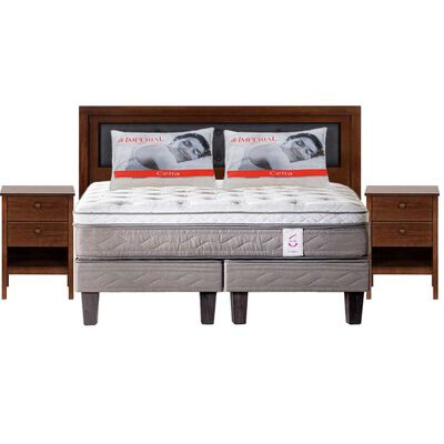 Combo Cama Europea Rosen Base Dividida 2 Plazas New Style 6 + Respaldo + 2 Veladores CIC Genova + Pack Almohadas Celta Imperial Soft