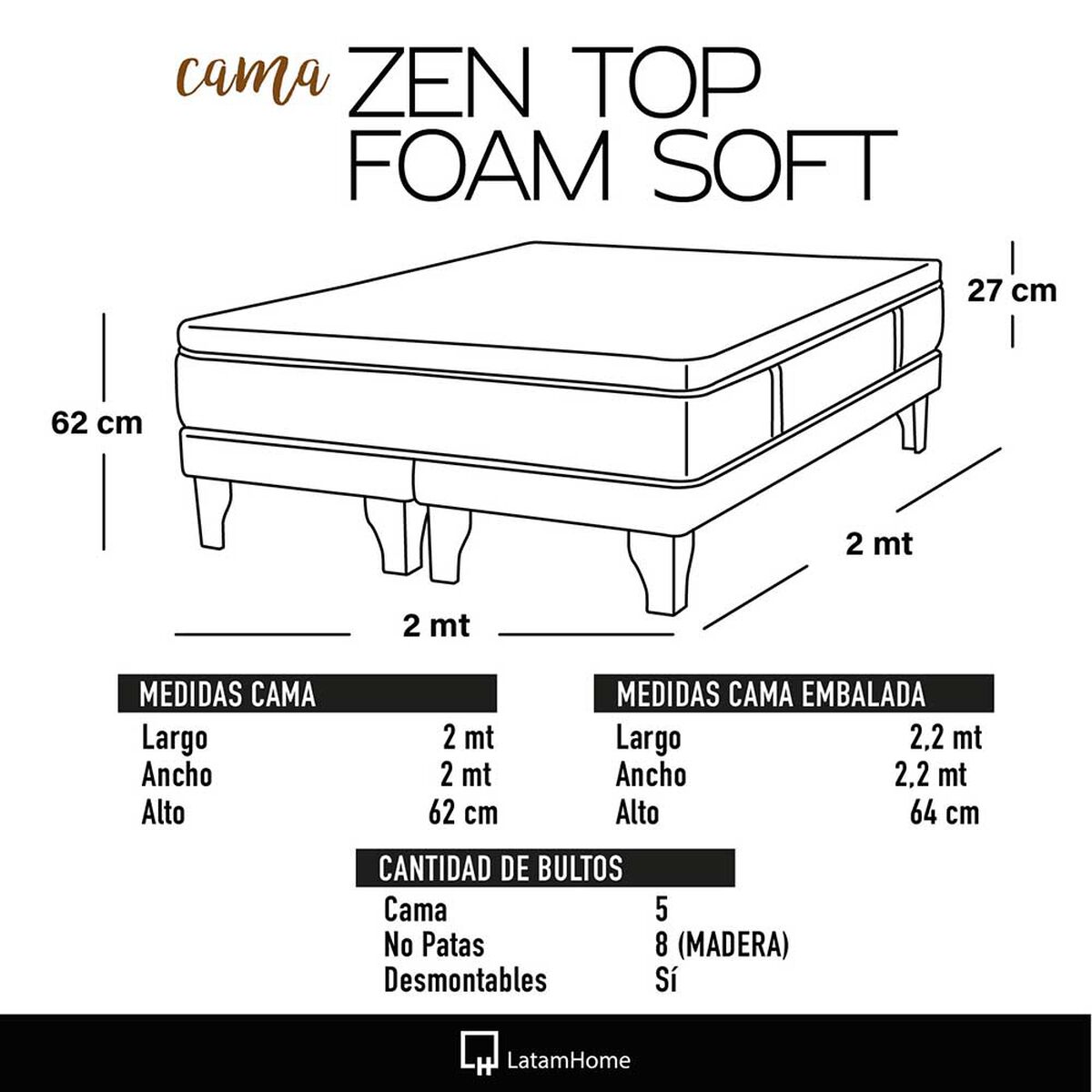 Cama Europea Latam Home Base Dividida Súper King Zen Top Foam Soft Velvet Chocolate