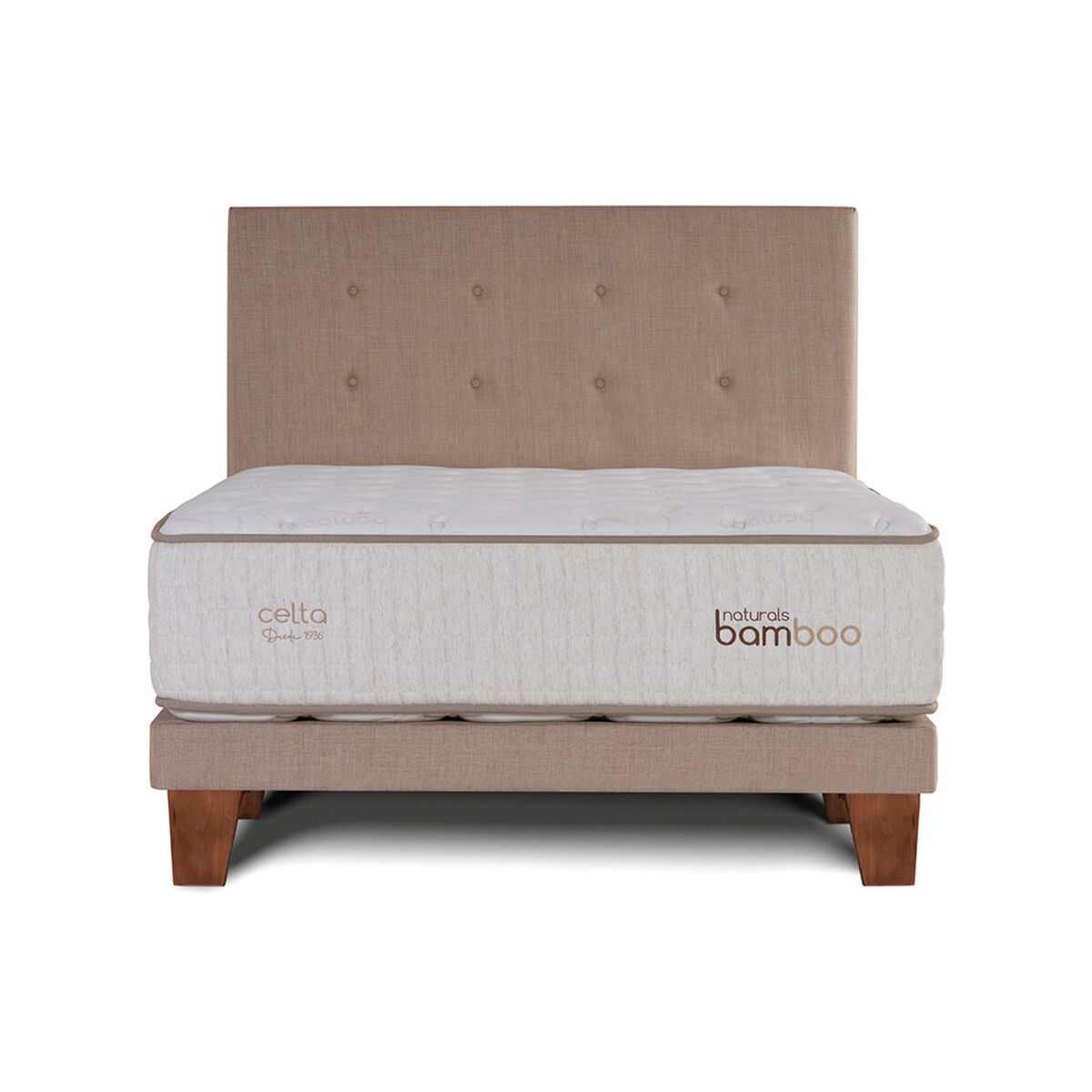 Cama Europea Celta Naturals Bamboo Super King + Respaldo Botones Arena