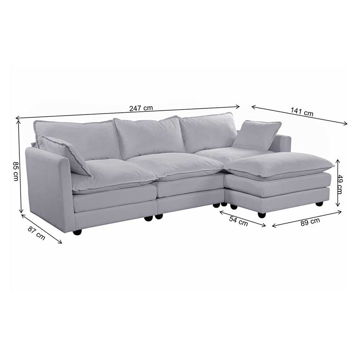Seccional Izquierdo o Derecho Casanova Samantha Moderno 3 cuerpos + Ottoman Gris
