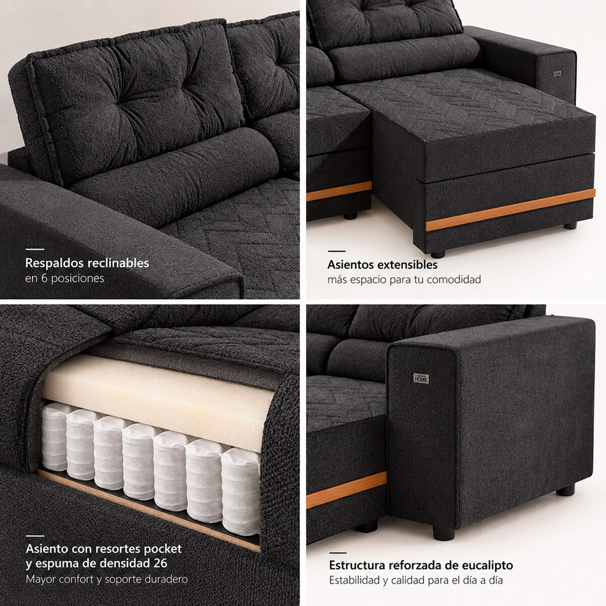 Sof&aacute; Reclinable Roca Havanna 2 Cuerpos Gris