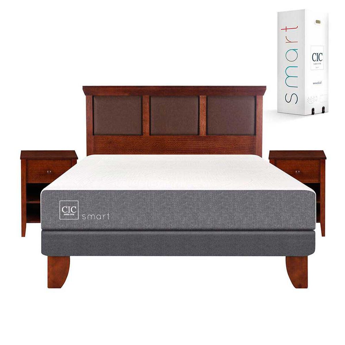 Cama Europea CIC Base Dividida 2 Plazas Smart + Respaldo + 2 Veladores New Torino Caramelo