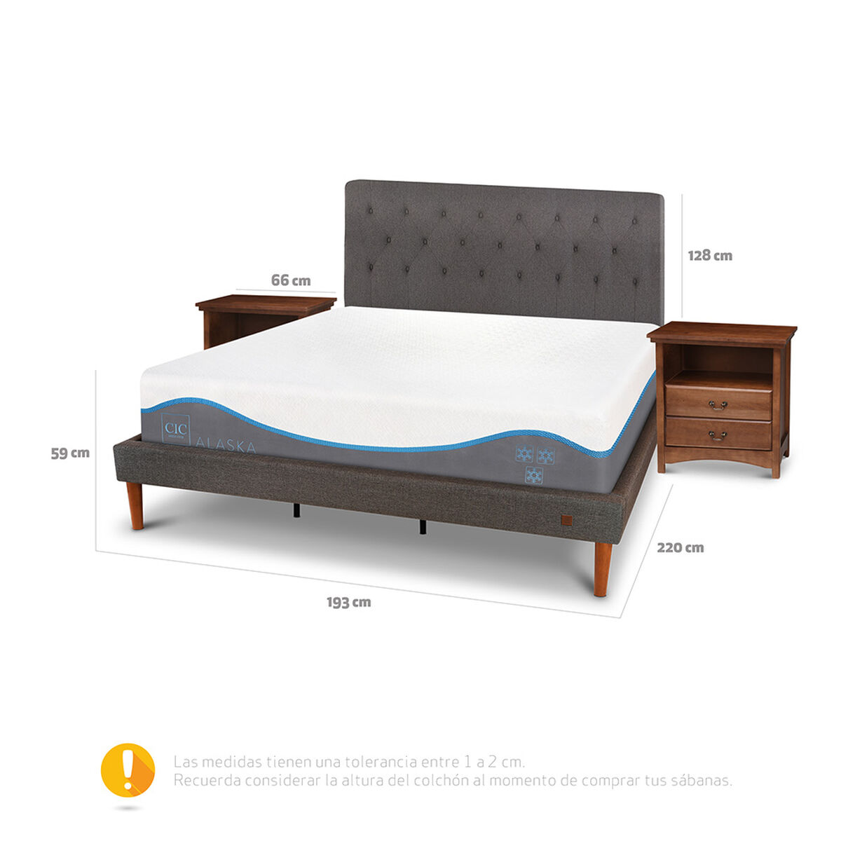 Cama Europea CIC King Alaska + Respaldo + 2 Veladores