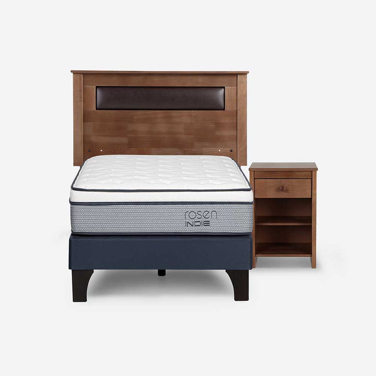 Cama Europea Rosen 1,5 Plazas Indie + Respaldo + Velador Ferrara