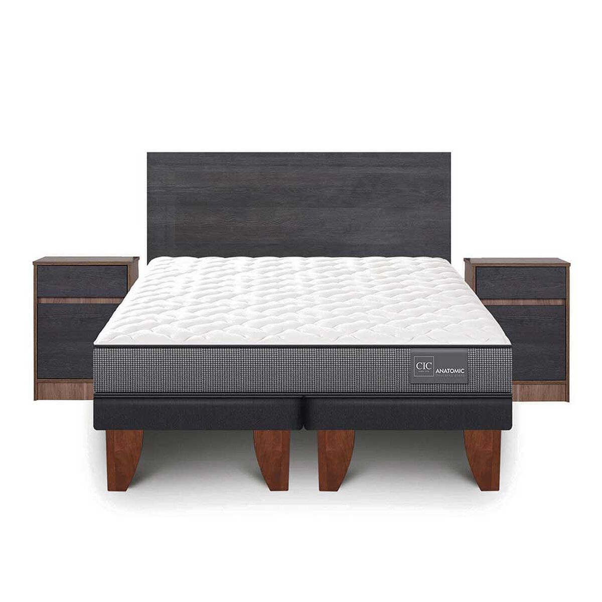 Cama Europea CIC Base Dividida 2 Plazas Anatomic + Respaldo + 2 Veladores Espresso