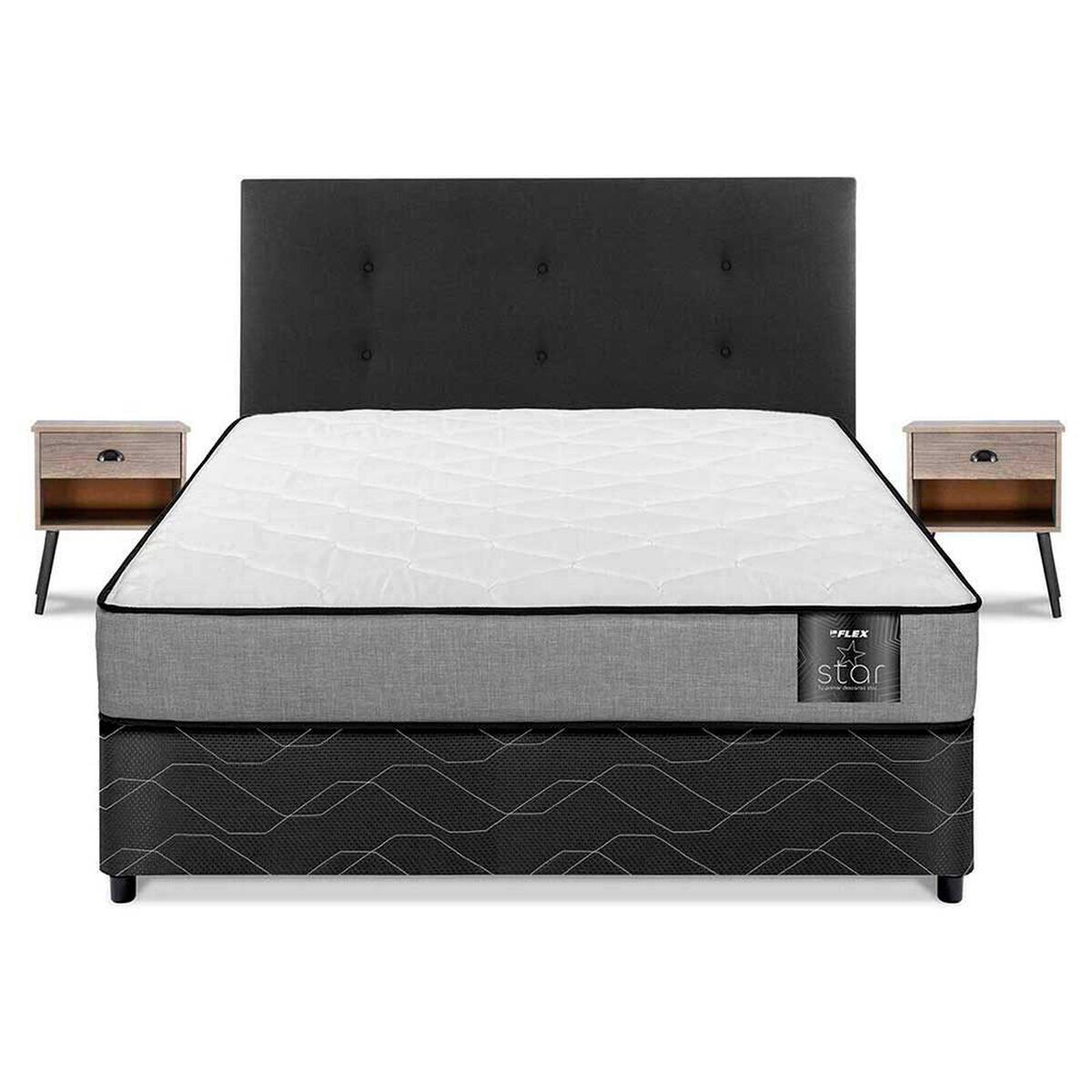 Cama Americana Flex 2 Plazas Star + Respaldo Royal Negro + 2 Veladores Rock