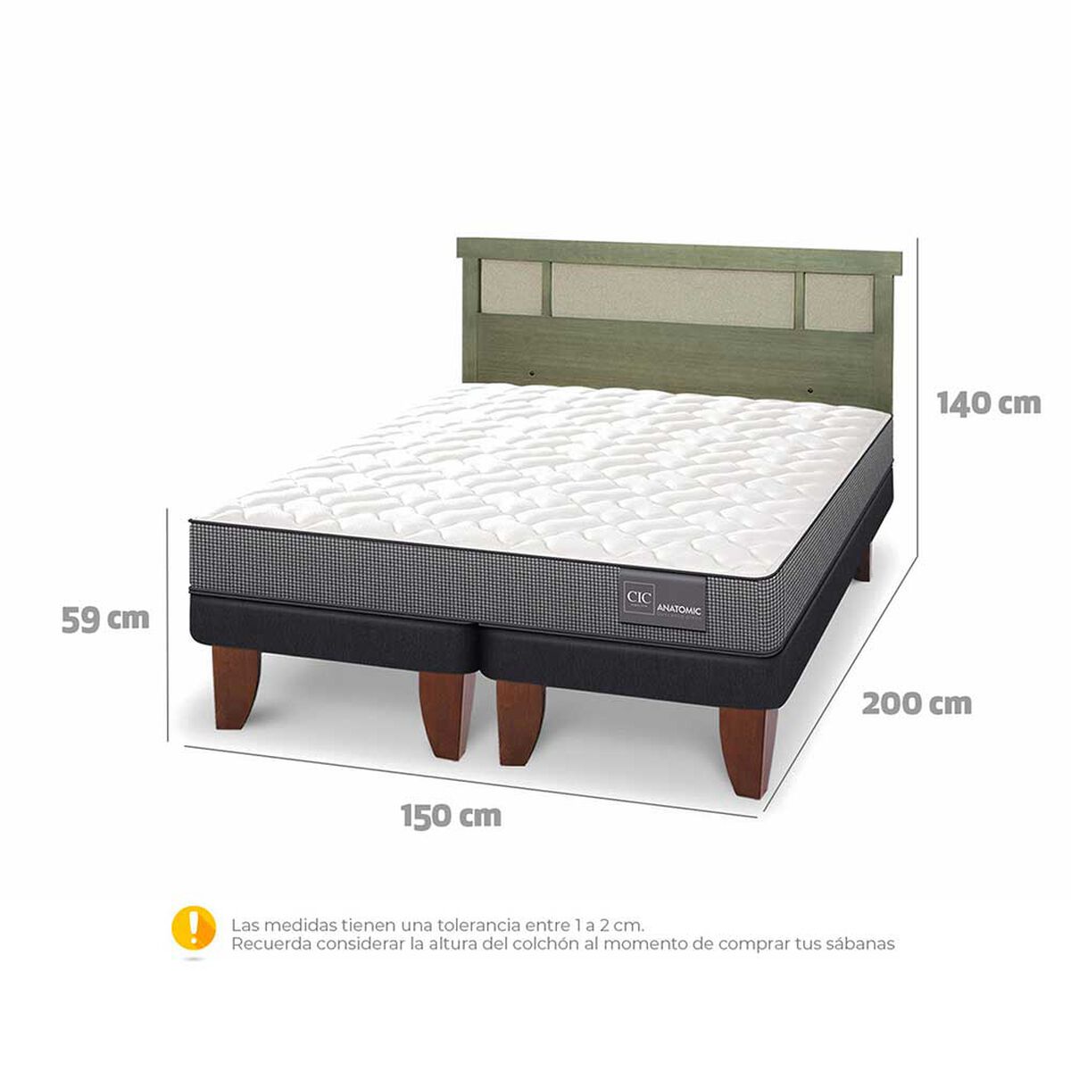 Cama Europea CIC Base Dividida 2 Plazas Anatomic + Respaldo Dublin Olivo