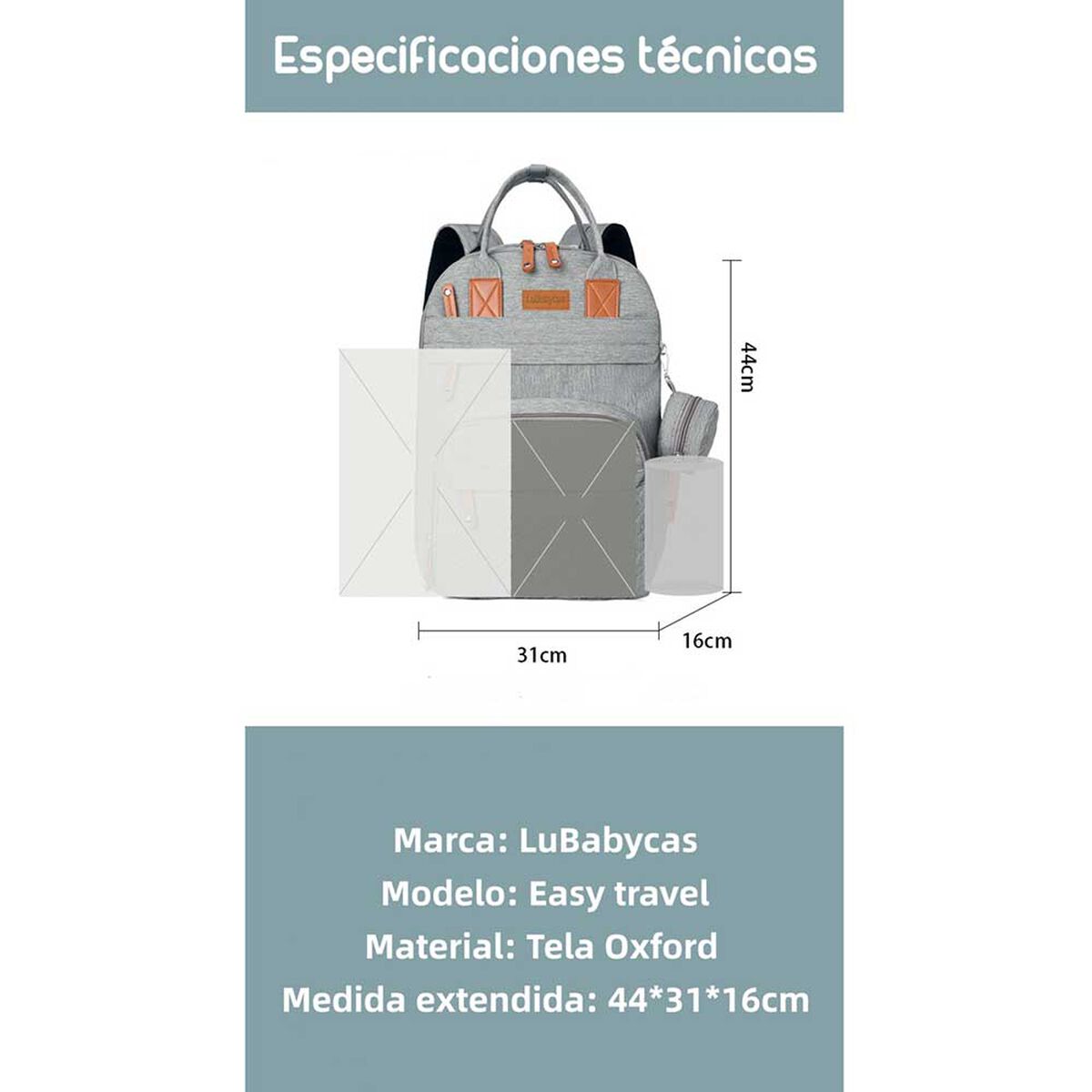 Mochila Maternal con Monedero y Colgador Lubabycas Gris