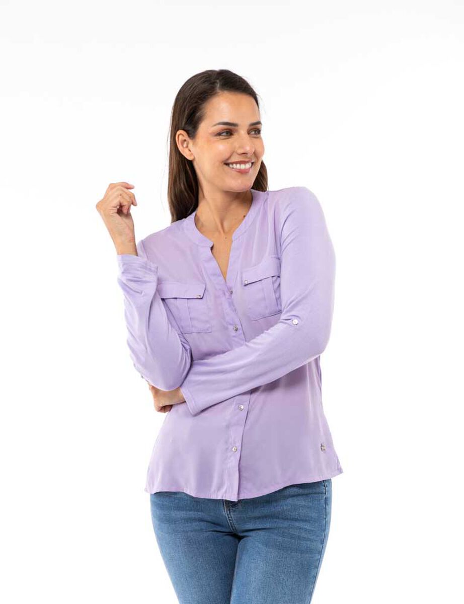 Blusa Botones Bolsillos Manga Larga Mujer Zibel