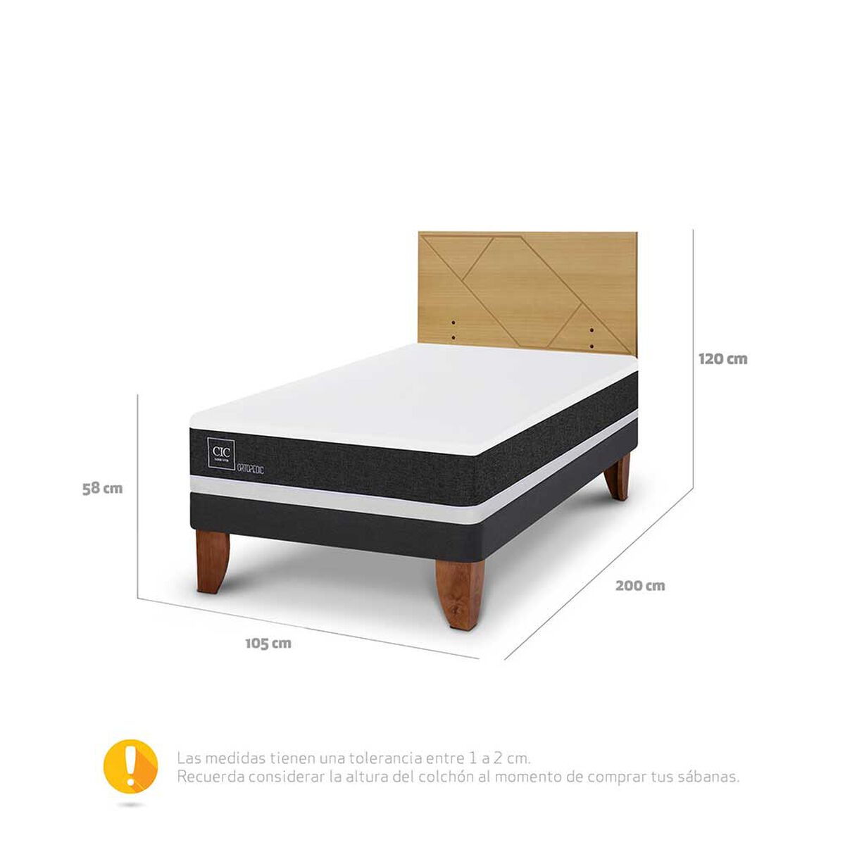 Cama Europea CIC 1,5 Plazas Ortopedic + Respaldo Villarrica Mostaza