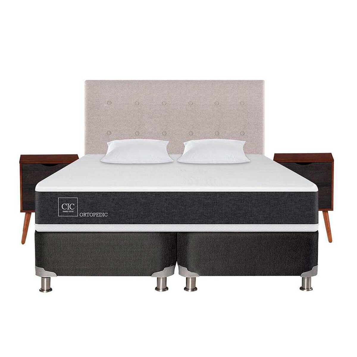 Box Spring CIC Base Dividida 2 Plazas New Ortopedic + Respaldo + 2 Veladores Tigris + Almohada