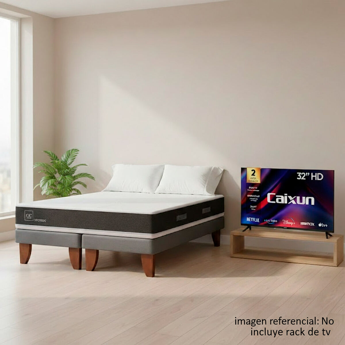 Combo Cama Europea CIC 2 Plazas + Pack Almohadas + Smart TV LED 32" Caixun HD