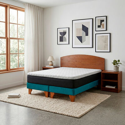 Cama Europea Latam Home 2 Plazas New Top Tela Velvet Azul Petroleo + Maderas Atlas
