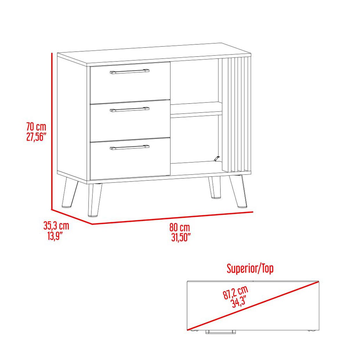 C&oacute;moda Tuhome Vance 3 Cajones Fresno Europeo y Capri