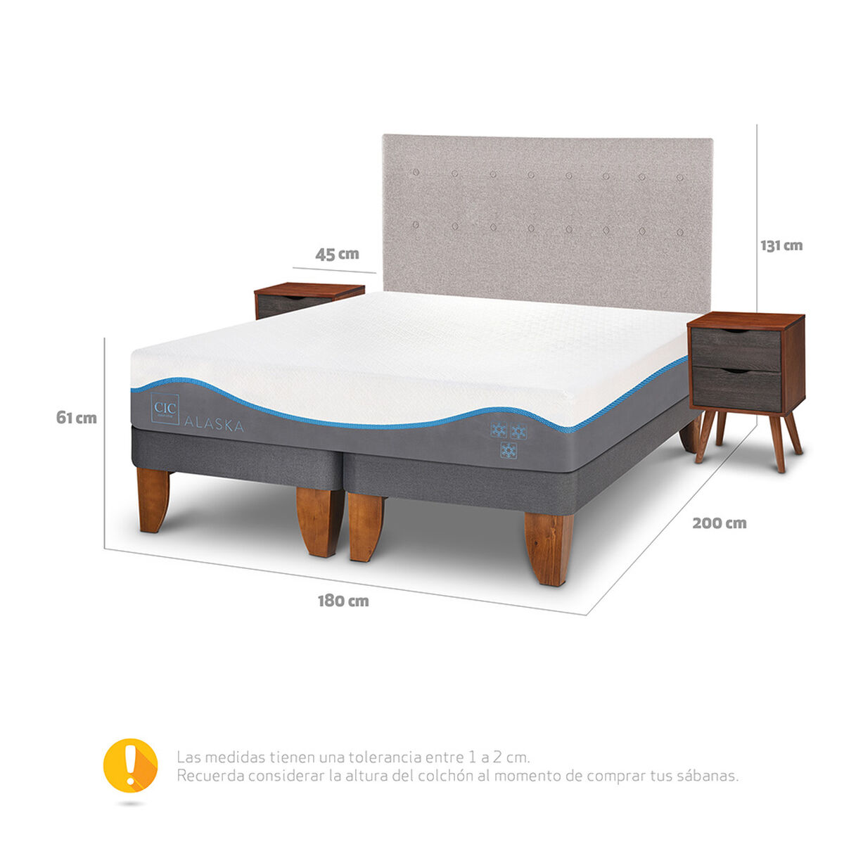 Cama Europea CIC Base Dividida King Alaska + Respaldo + 2 Veladores