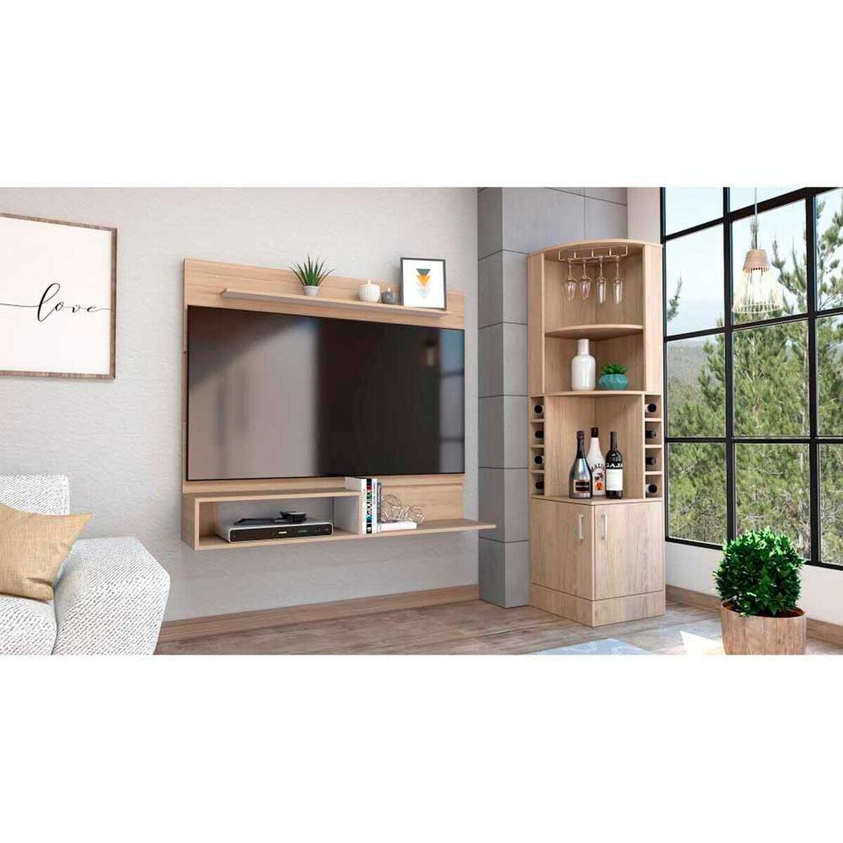 Combo Bar Esquinero + Panel TV55 TuHome Beijing Rovere