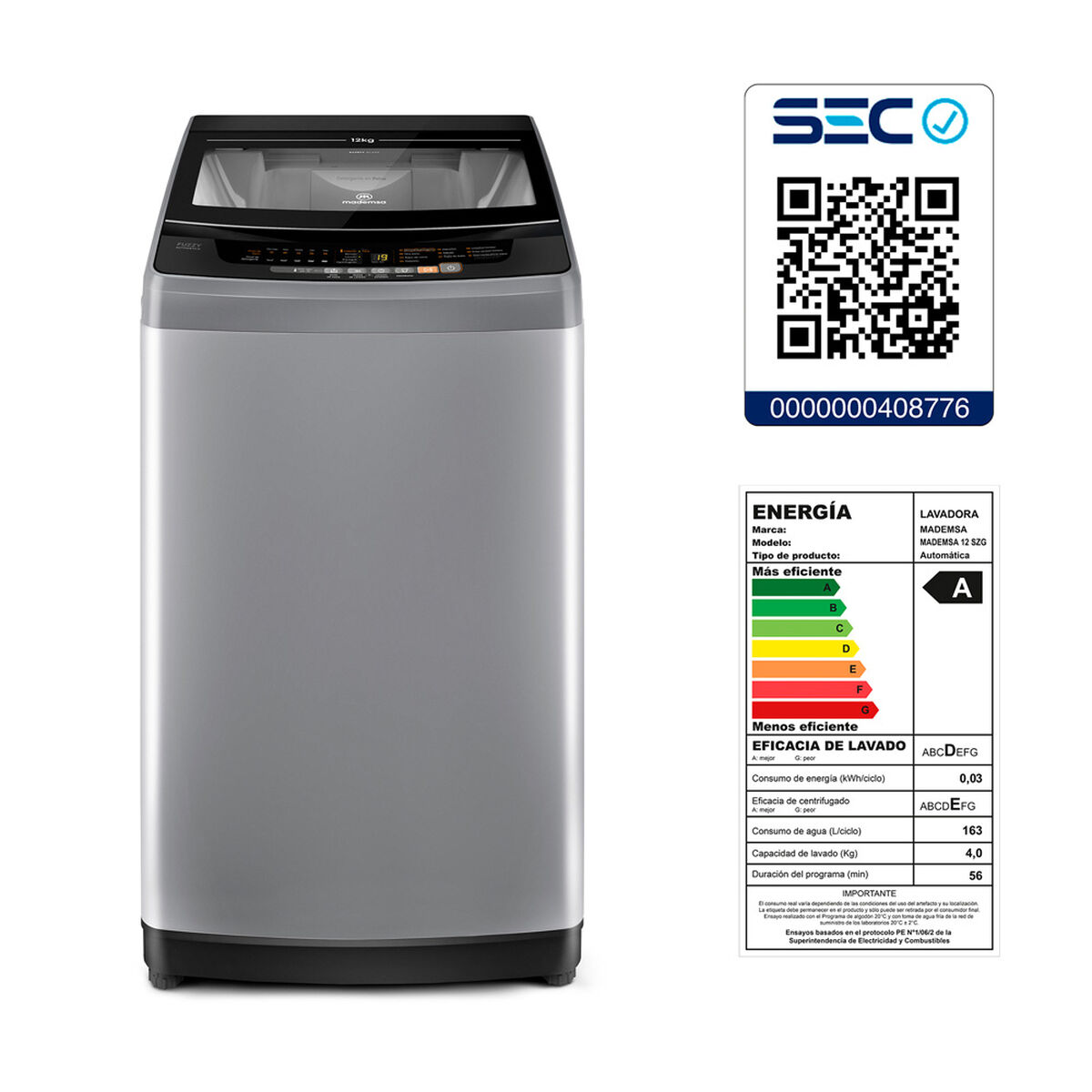 Lavadora Automática Mamdemsa 12 SZG 12 kg.