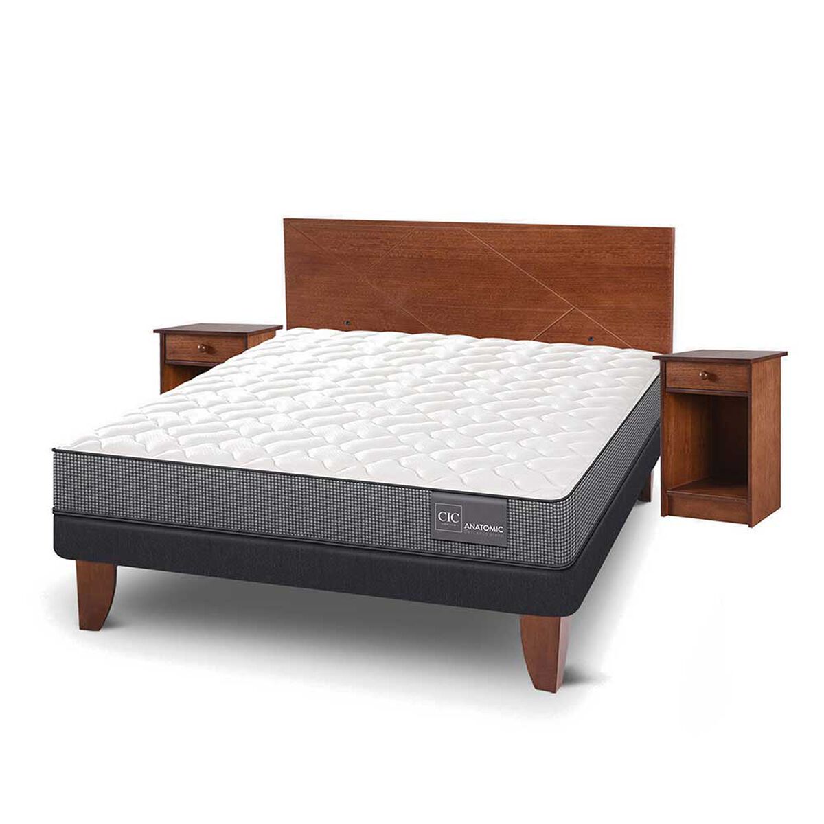 Cama Europea CIC 2 Plazas Anatomic + Respaldo + 2 Veladores New Villarrica