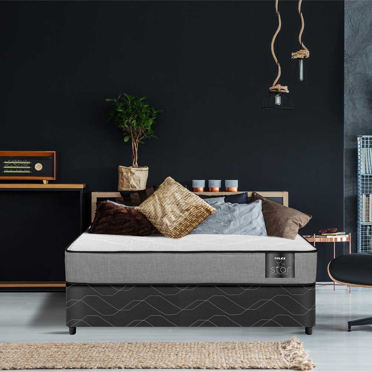 Cama Americana Flex 2 Plazas Star + Respaldo + 2 Veladores Asturias