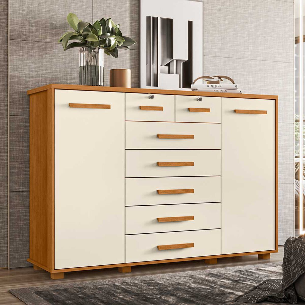 C&oacute;moda Vekkahome Fontana 2 Puertas 7 Cajones Beige