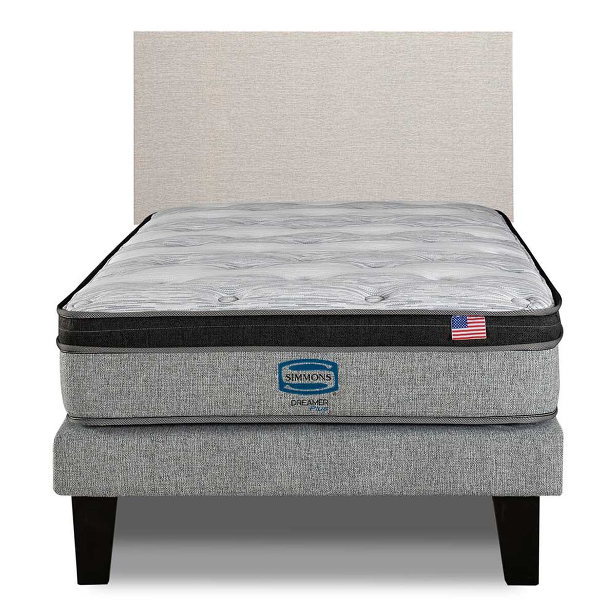 Cama Europea Simmons 1,5 Plazas Dreamer Plazasus Box + Respaldo Praga Arena