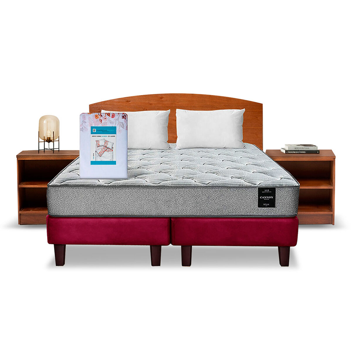 Combo Cama Europea Latam Home 2 Plazas Cannon BD Tela Burdeo + Textil + Respaldo + 2 Veladores Atlas